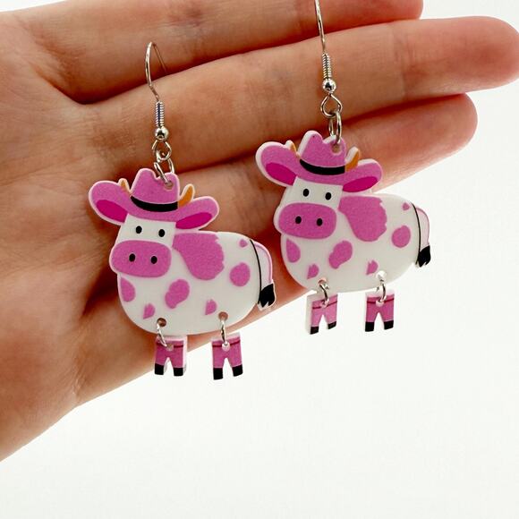 Cowboy Cow Earrings, Pink Cow Earrings, Farm Earrings, Homestead, Farmer Gift - Picture 3 of 4